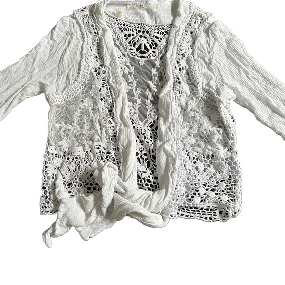 GUESS WHITE LONG SLEEVE LIGHTWEIGHT CARDIGAN WITH OPEN LACE/MESH BACK SIZE XS - Picture 3 of 9